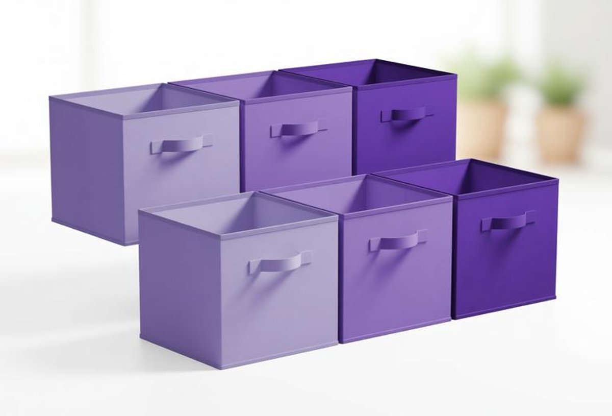 ElleMooi Stoffen opbergkubussen 33x33 cm, 6-pack opvouwbare opbergdozen met handvat - Paars kleurverloop