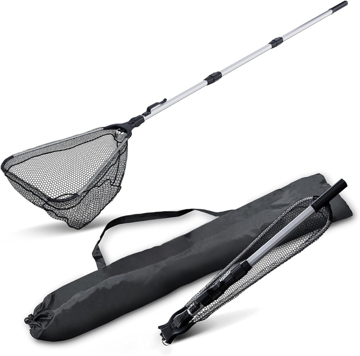 QIN® Schepnet Vissen - Visnet - Telescoop Schepnet - Met Rubber Gevoerd Visnet - Zwart - 55cm x 55cm x 160cm