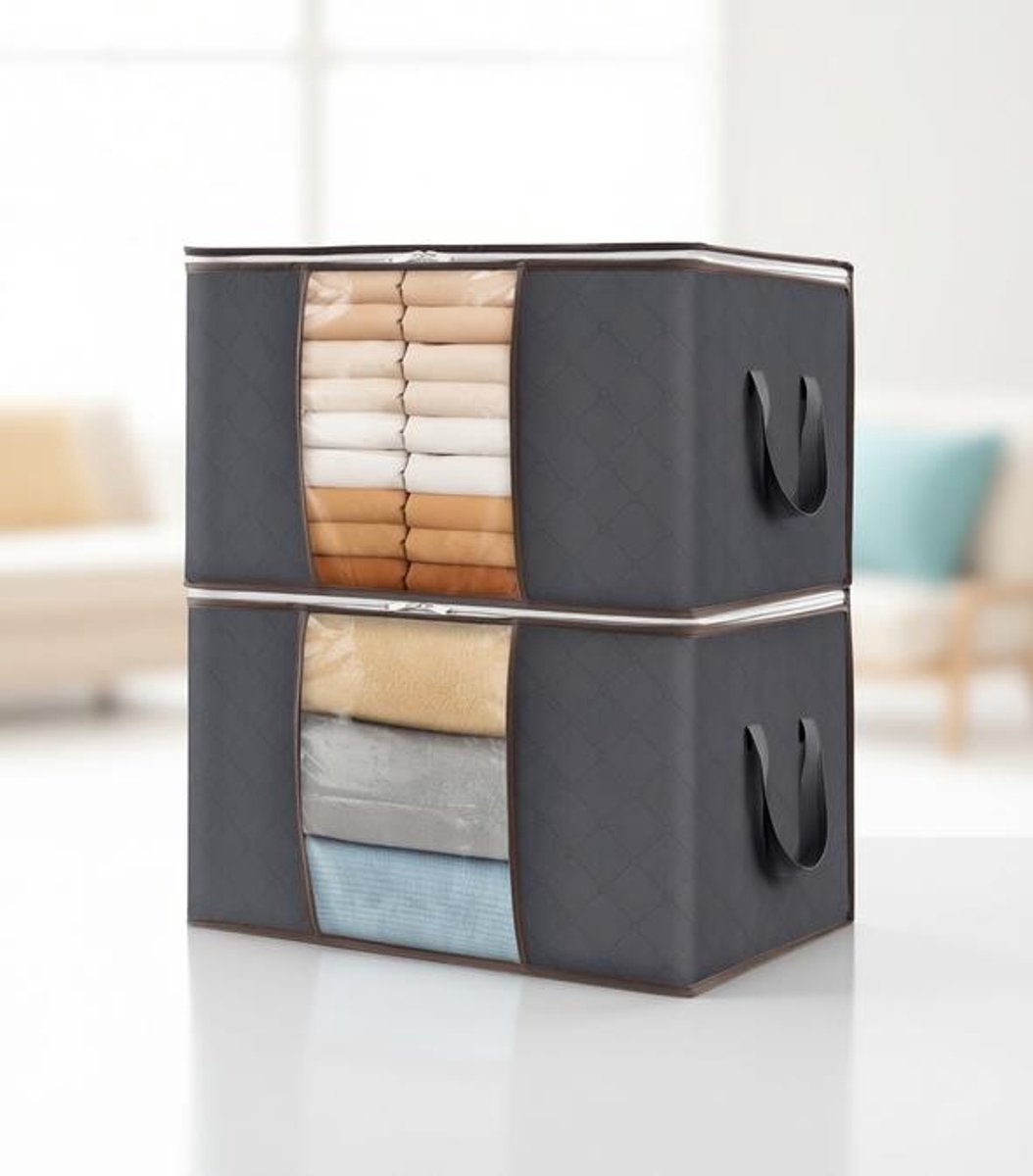 ElleMooi Opbergtassen 2 stuks 60L - Opvouwbare kledingorganizer met deksel en versterkte handgrepen - Verhuisdozen voor dekbedden, kleding, dekens - Grijs