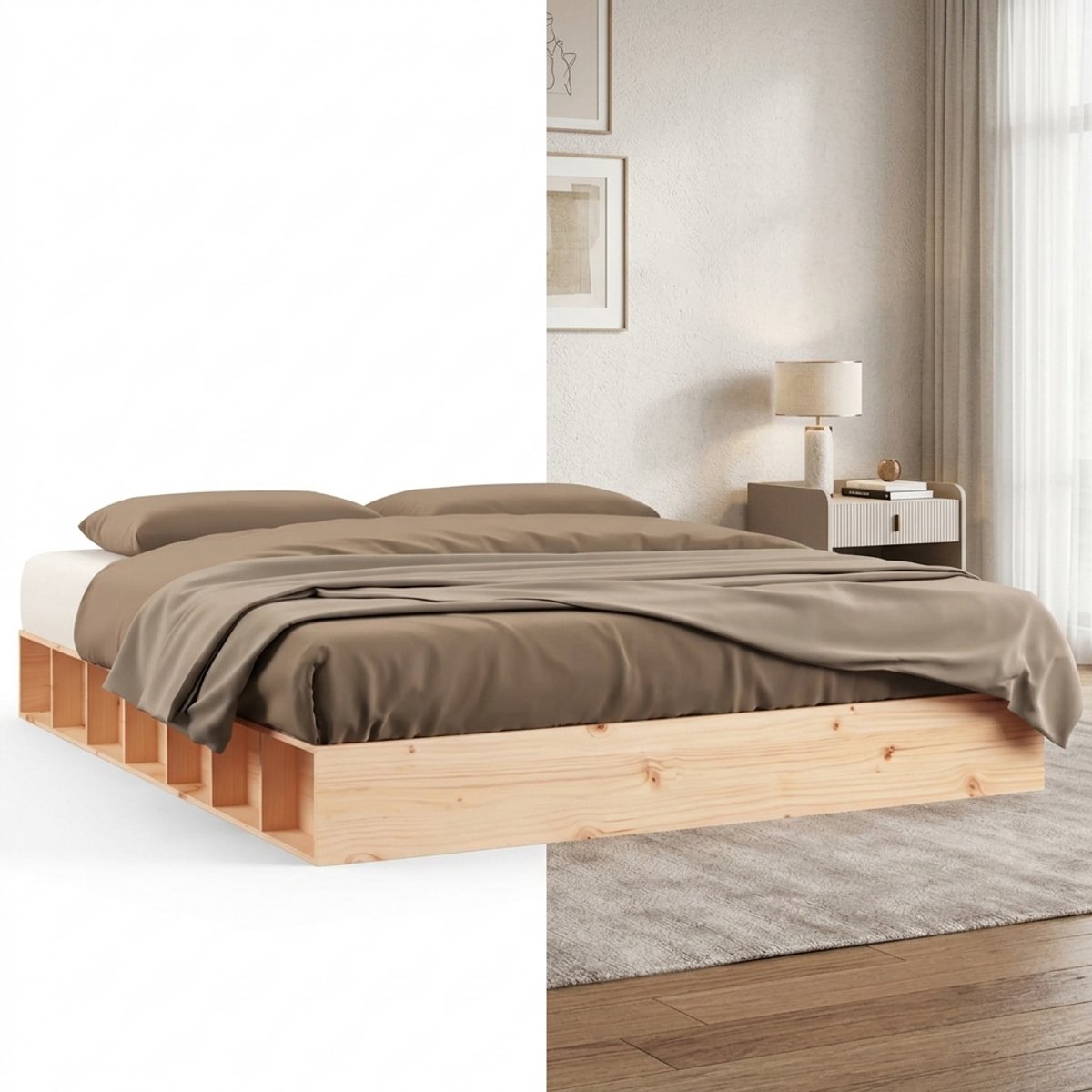 GranMaison Vloerbed – Laag Bedframe – Minimalistisch Design – Stevig en Comfortabel – Geschikt voor Elke Slaapkamer - Naturel