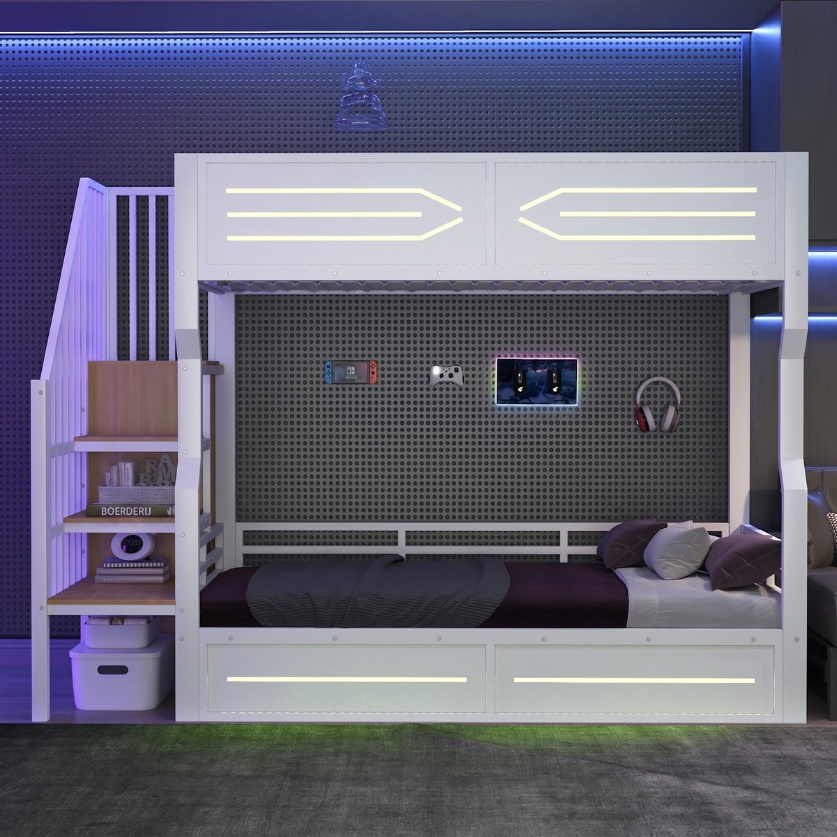 VVBV Stapelbed 90x200 – Kinderstapelbed met Opbergtrap, Opbergruimte, LED en Veiligheidshek – Wit – Voor Kinderen en Tieners – Stapelbed met Kast White