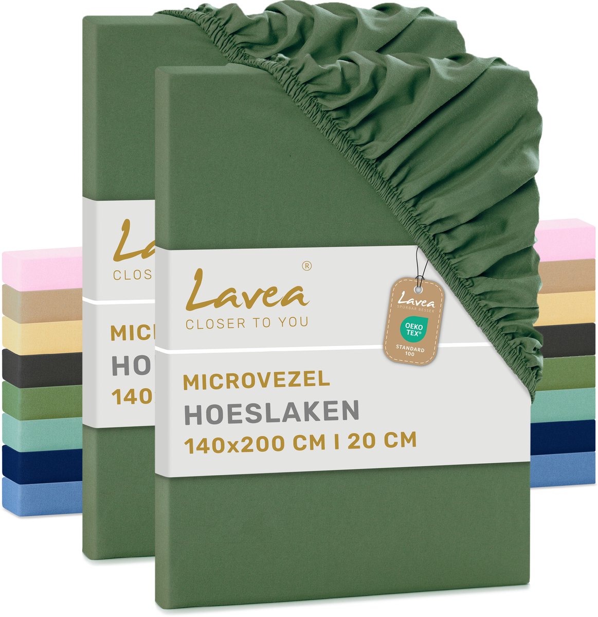 Lavea® Set van 2 Hoeslakens 140x200 cm – zachte en ademende microvezel – voor matrassen tot 20 cm – met elastiek rondom – oeko-tex gecertificeerd – Olijfgroen