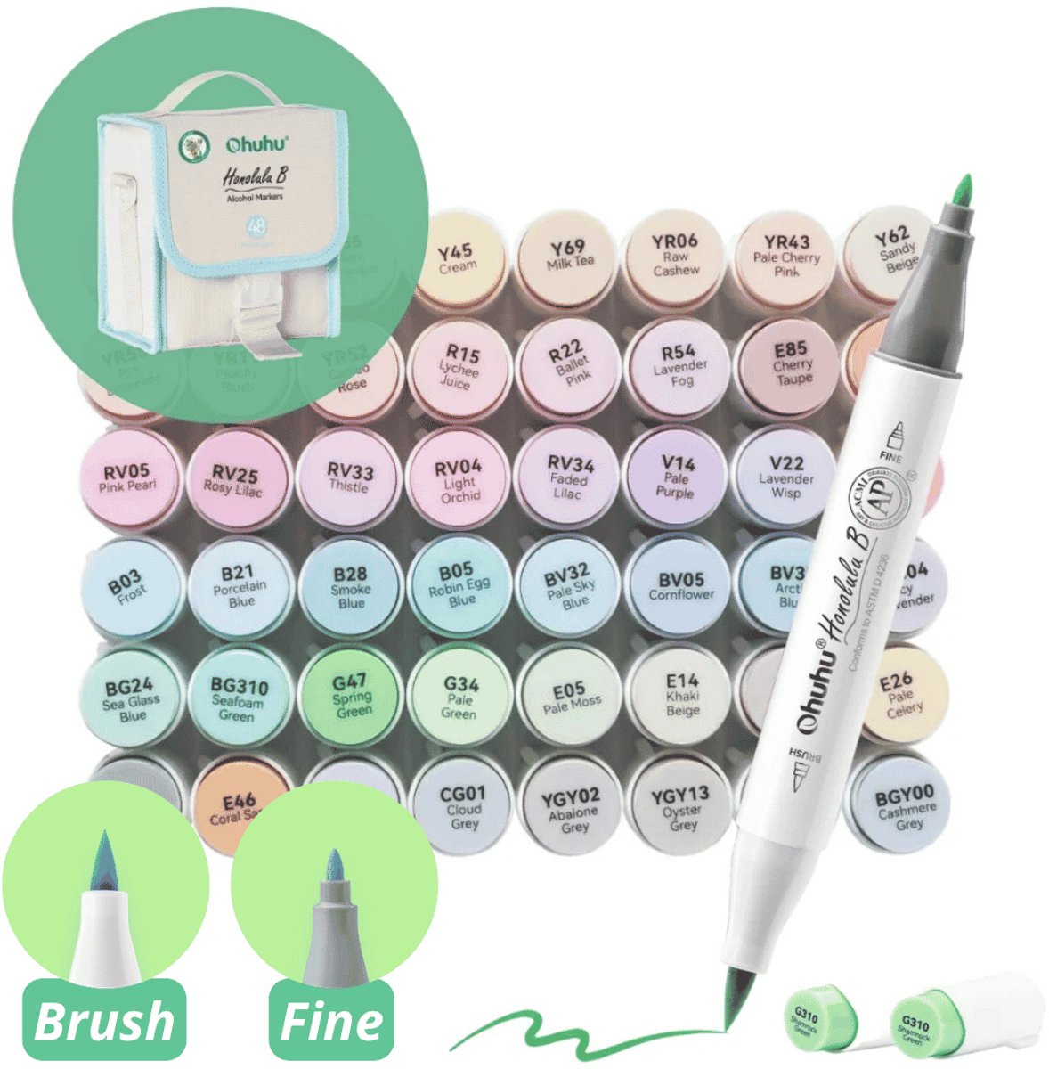Ohuhu - Honolulu B Brush & Fine - Alcohol Art Markers - 48 Pastel kleuren - Sweetness - grijze etui