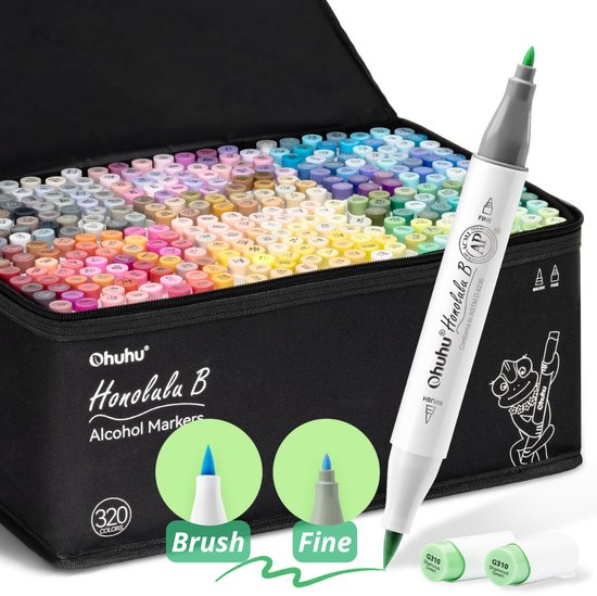 Een open tas met 320 Ohuhu Honolulu B alcoholmarkers in alle kleuren van de regenboog, met één groene marker op de voorgrond.
