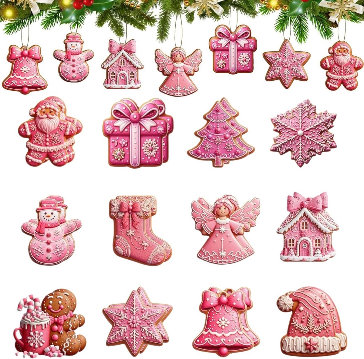 Kerstboomdecoratie Set met 24 Stuks in Roze - Houten Ornamenten, Reindeer, Ster en Bel voor een Feestelijke Sfeer