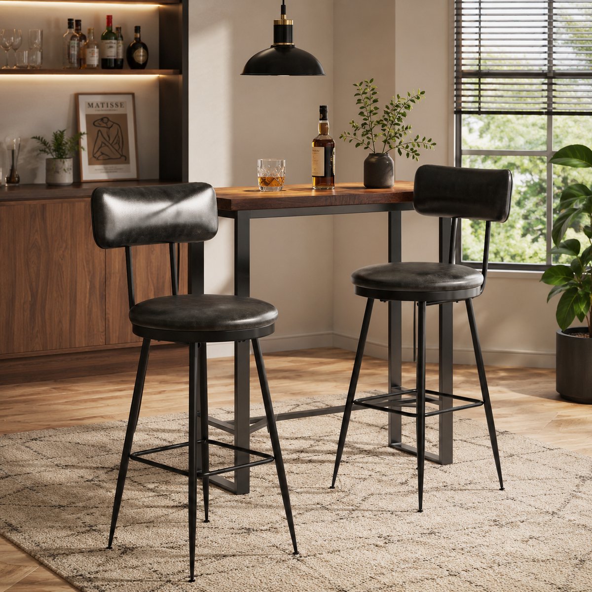 Barkrukken - Set van 2 - Zithoogte 86 cm - Rond Design - Barstoel - met Rugleuning en Voetsteun - Industriële - Metalen frame - leer Zwart