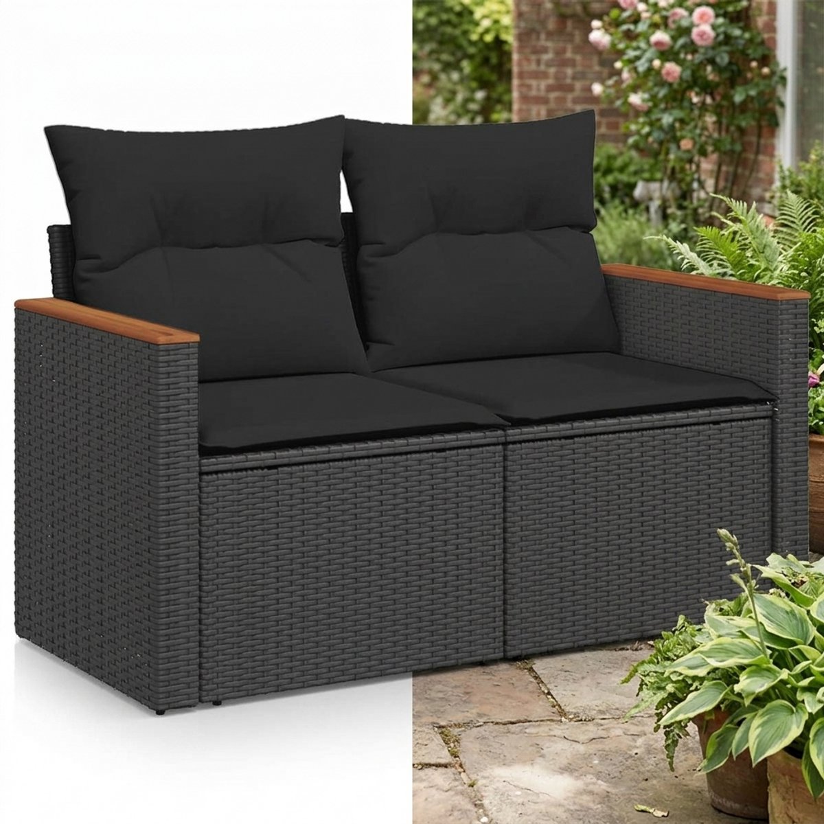 Tuinbank met opbergruimte - Lounge Bank - Buitenbank - Tuinset - Houten Bank - Modulair Bankstel - Balkon Set - Poly rattan - Zwart