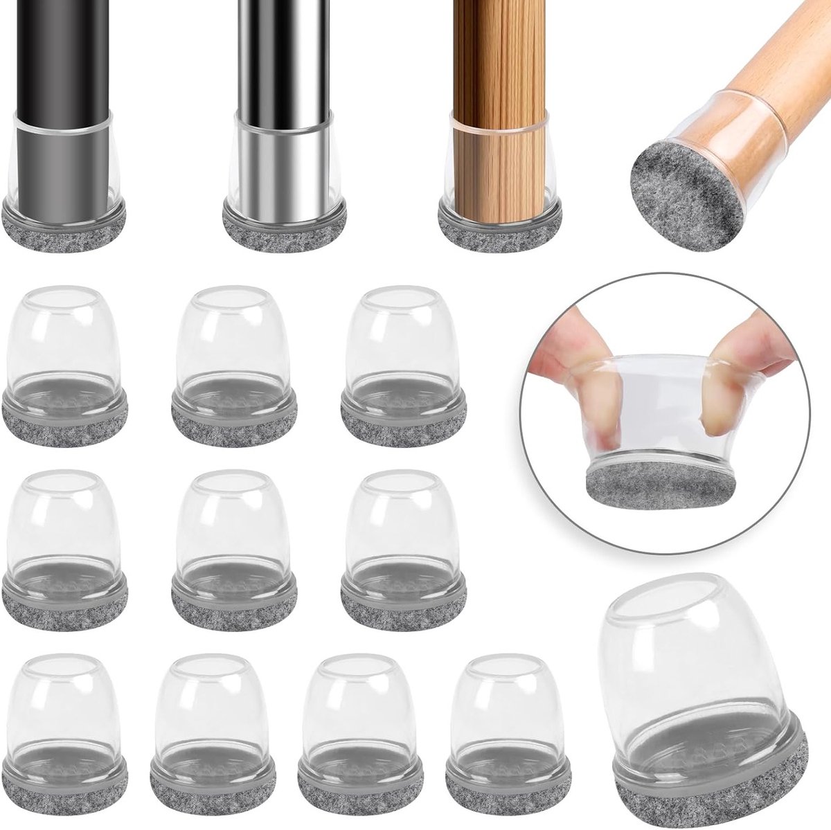 Kleine Grijze Siliconen Beschermers voor Stoelpootjes met Vilt - 16 Stuks, Geluidsdempende Rubber Caps voor Meubels, Geschikt voor 13-20mm Stoelpootdiameter