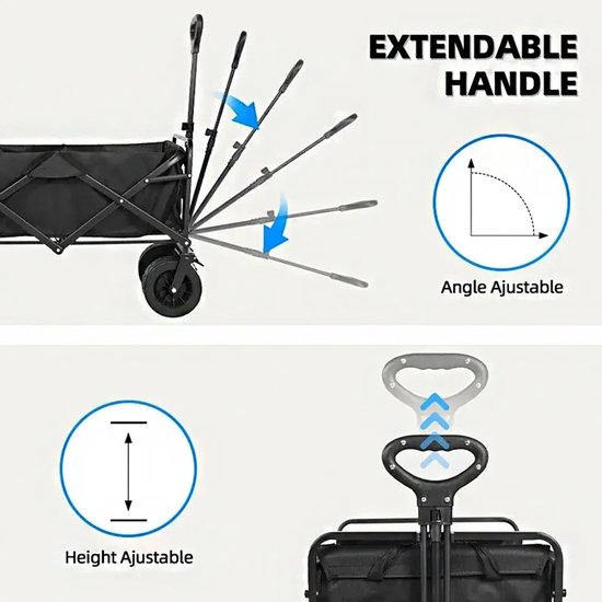 Velori Opvouwbare Kampeerwagen 100kg - Camping Trolley - Handkar met 5 Inch Wielen - Opvouwbare Transportwagen - Bolderkar voor Camping Strand Tuin Zwart — afbeelding 3