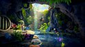 Rayman en Globox spelen in een tropische grot met een waterval, veel planten en vlinders.