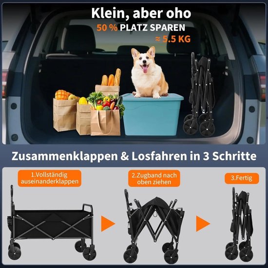 Velori Opvouwbare Kampeerwagen - Bolderkar met Terreinwielen - Campingwagen met Verstelbare Handgreep - Transportwagen met Bekerhouders - Zwart Opvouwbaar — afbeelding 3