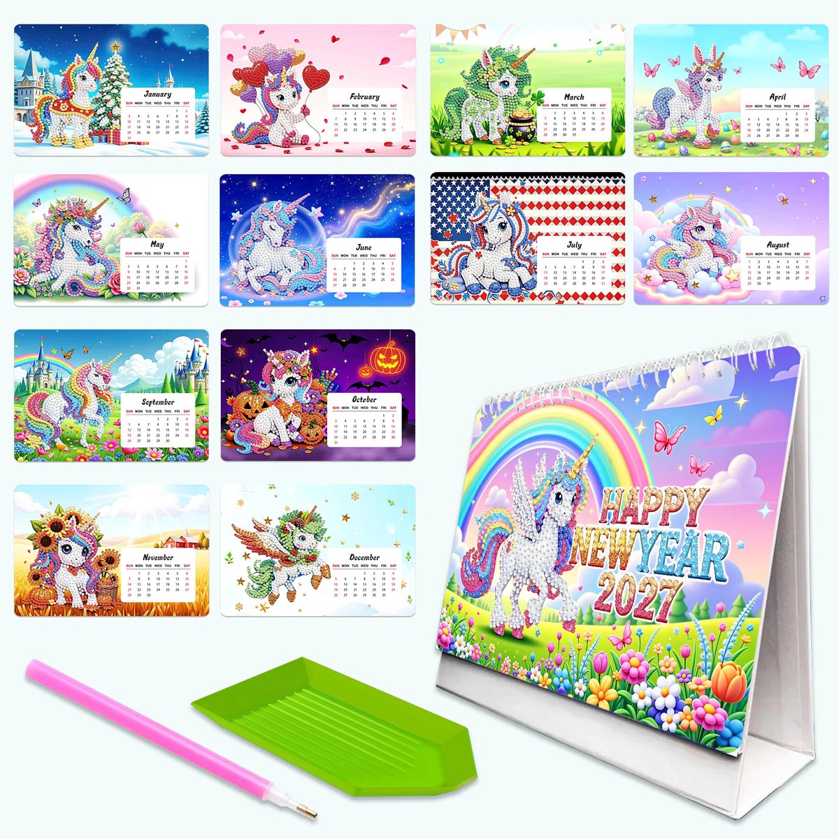 Kalender 2027 - Eenhoorns - 014 - compleet pakket - Diamond painting by Wietske