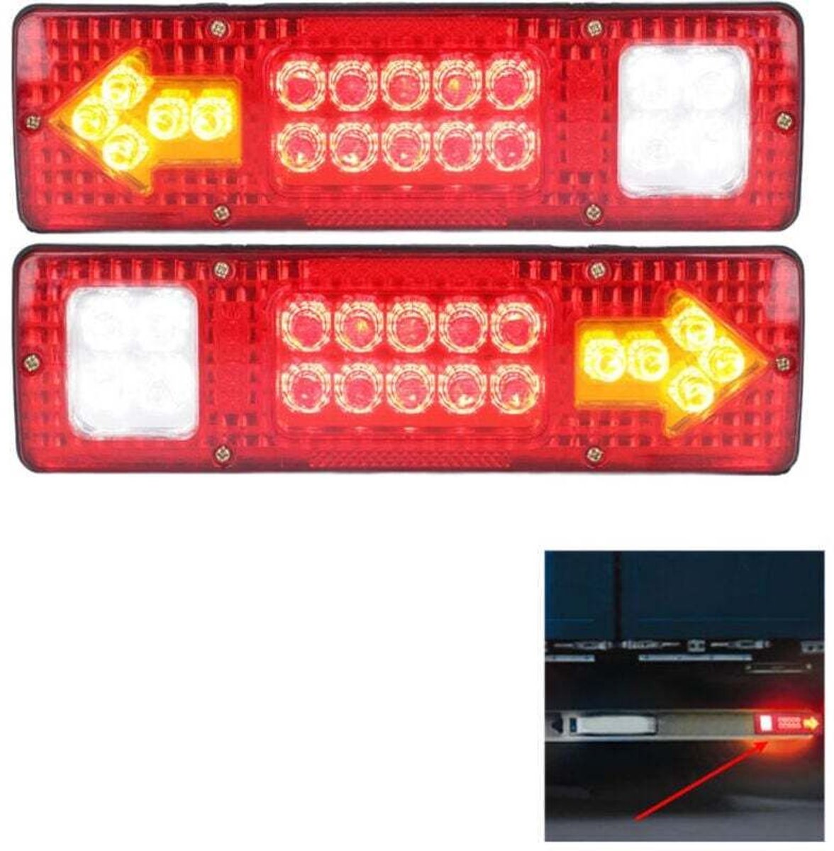 Twee LED-achterlichten, 19 LED-lampjes, 12V, Geschikt voor vrachtwagens, campers, bestelwagens en boottrailers.