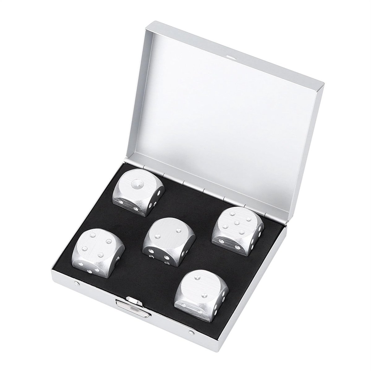 Dailygoods- Dobbelstenen Set 5-delig - Aluminium Tafelspel - Opbergdoos - Tafelspellen - Goud/Zilver - 1,6 cm groot - Speelgoed