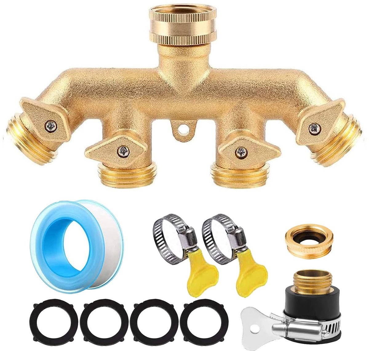 Dailygoods - Messing 4-weg Kraanadapter - Tuinaccessoires - Duurzaam en roestvrij - Slangconnector met kleppen - Gemakkelijk te monteren - Geschikt vo...
