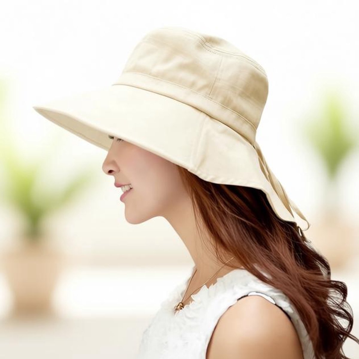 ElleMooi Dames zonnehoed 100% slub-katoen, opvouwbaar, UV-bescherming, brede rand, kinband, strandhoed - Beige, S