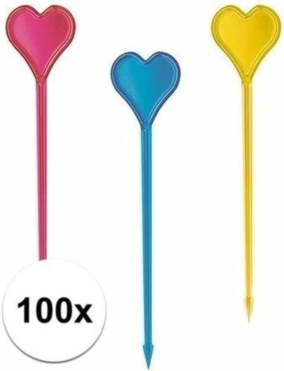 Okado Cocktailprikkers Hartjes 100 Stuks – Gekleurde Kunststof Prikkers 8,5 cm – Decoratieve Cocktail Picks voor Hapjes, Feest en Verjaardag