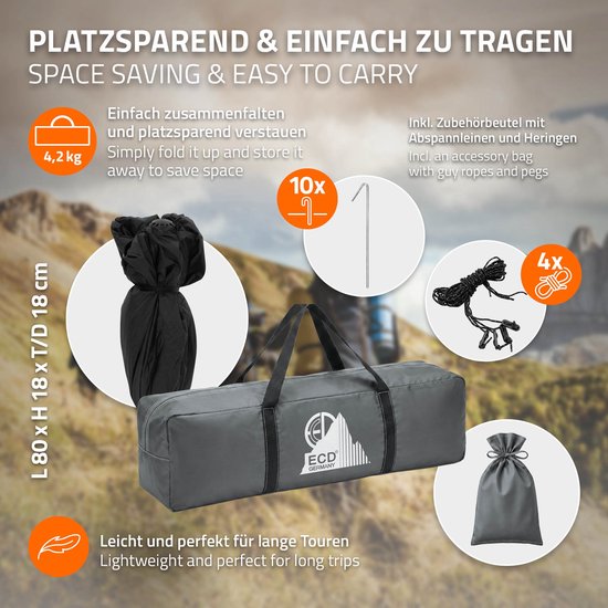 Pop-up tent voor 4 personen, kampeertent outdoor grijs, dubbelwandige koepeltent met 2 deuren, waterdicht & winddicht met draagtas van POP — afbeelding 5