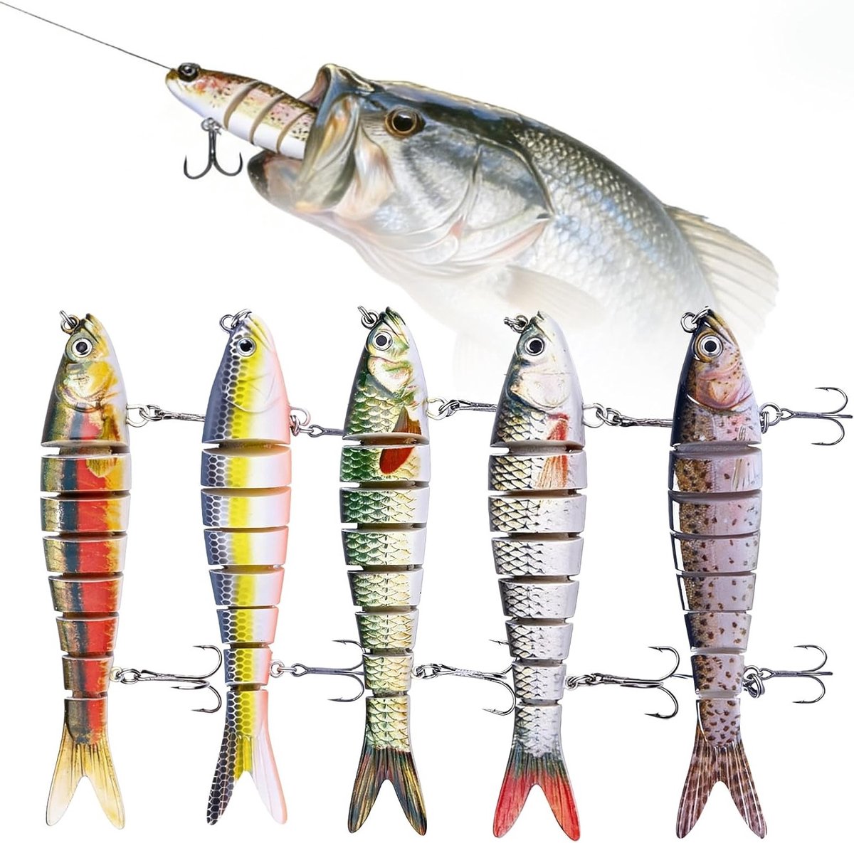 SnelShoppen - 5 Stuks Snoekaas, Kunstaas, Wobbler Snoek, Visaasset voor Zoet en Zout Water, Levensecht Swimbait voor Snoekbaars, Viscadeau voor Visser