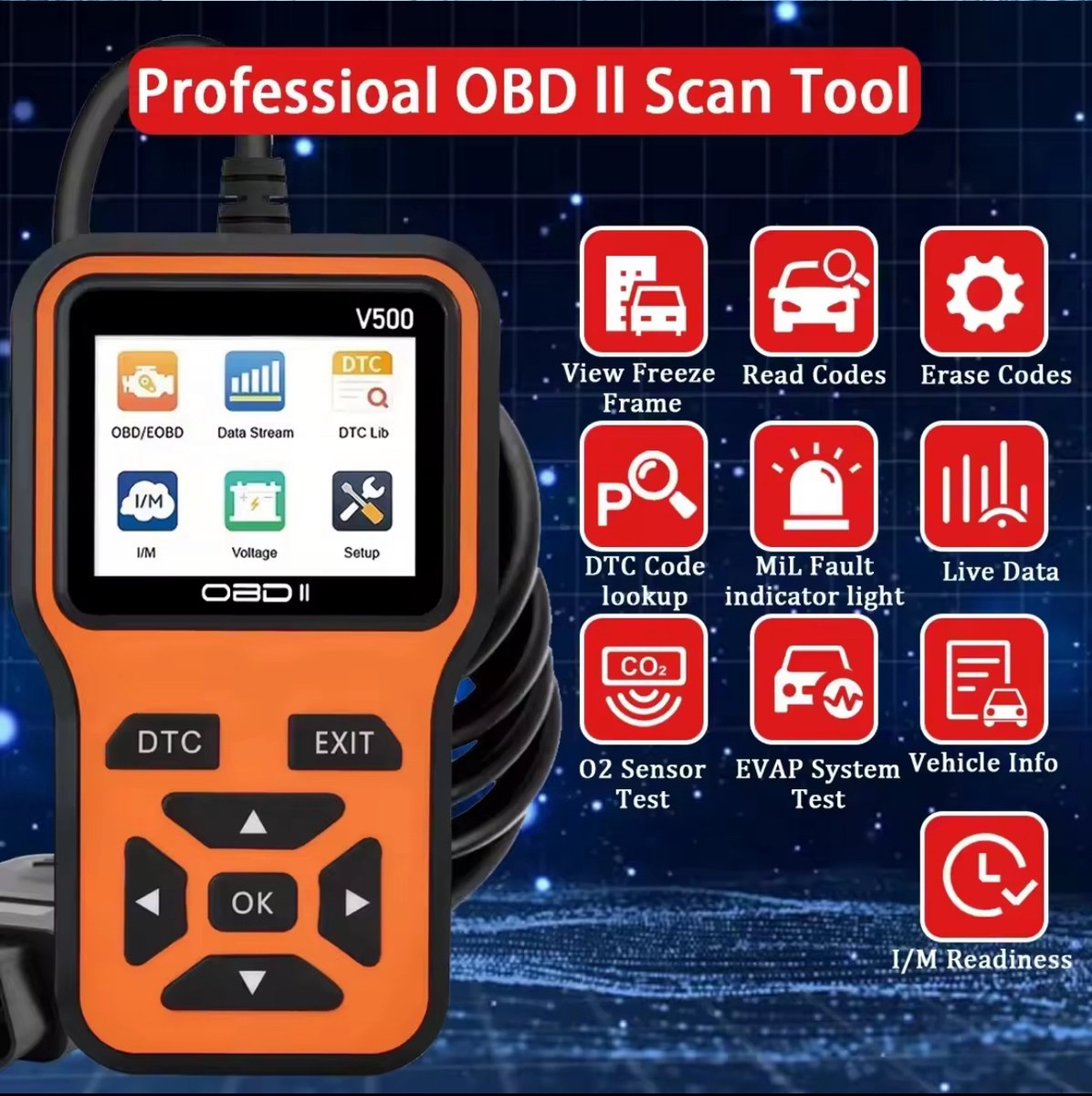 OBD2 Diagnoseapparaat V500 – Auto Uitleesapparaat – Foutcodelezer – OBDII Scanner – Live Data – Accuspanning Test – Benzine & Diesel thumbnail 6