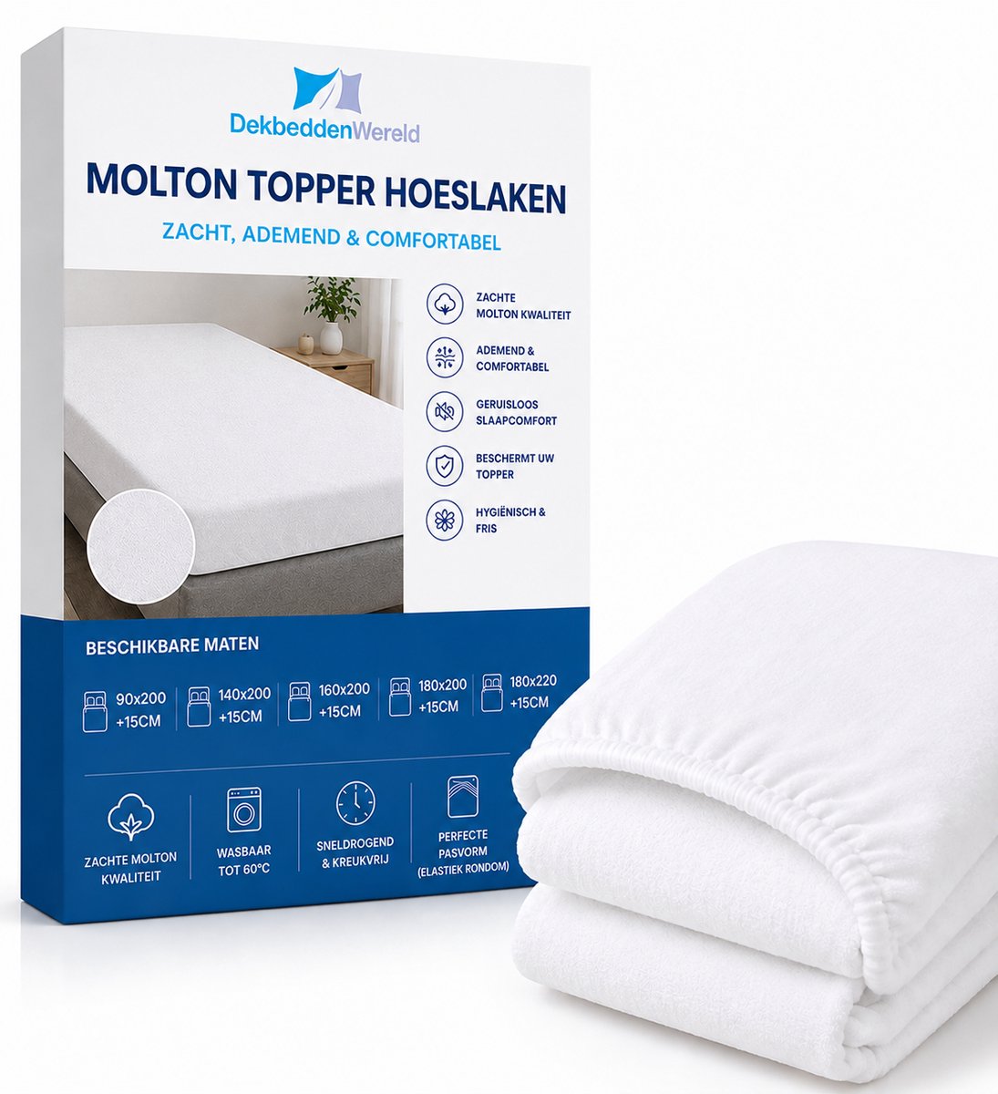 Dekbeddenwereld- Molton topper Hoeslaken - 180x220+15 cm - zacht & Ademend - rondom Elastiek