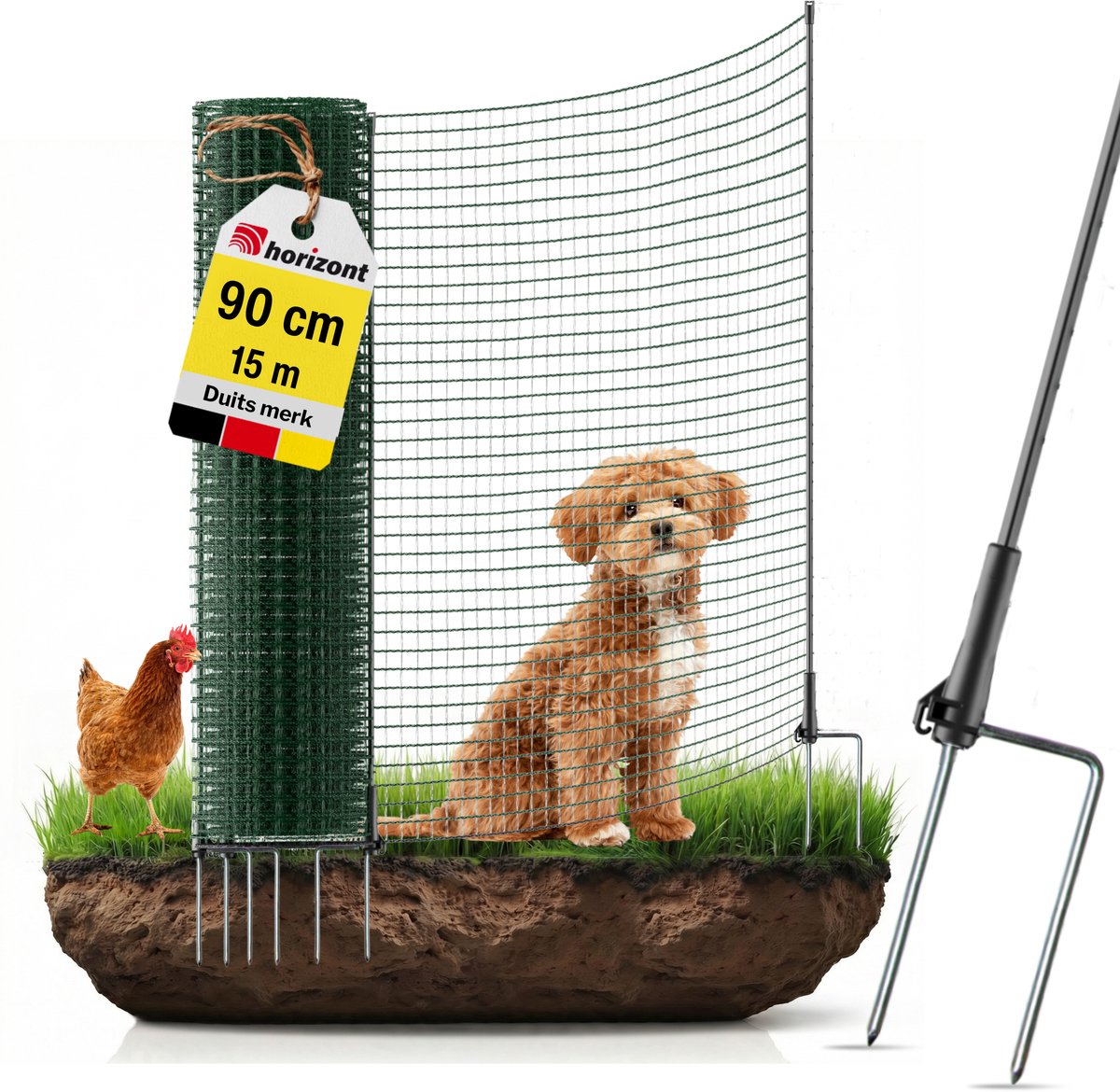 Omheiningsnet Voor o.a. Hond, Kat, Kip Of Kleine Huisdieren - 90cm Hoog - 15m lang - FIX Dubbele Pen - Verplaatsbaar Net