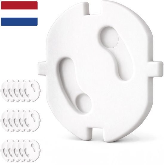 Witte stopcontactbeveiliging met Nederlandse vlag en drie rijen van zes kleine witte beveiligingen.