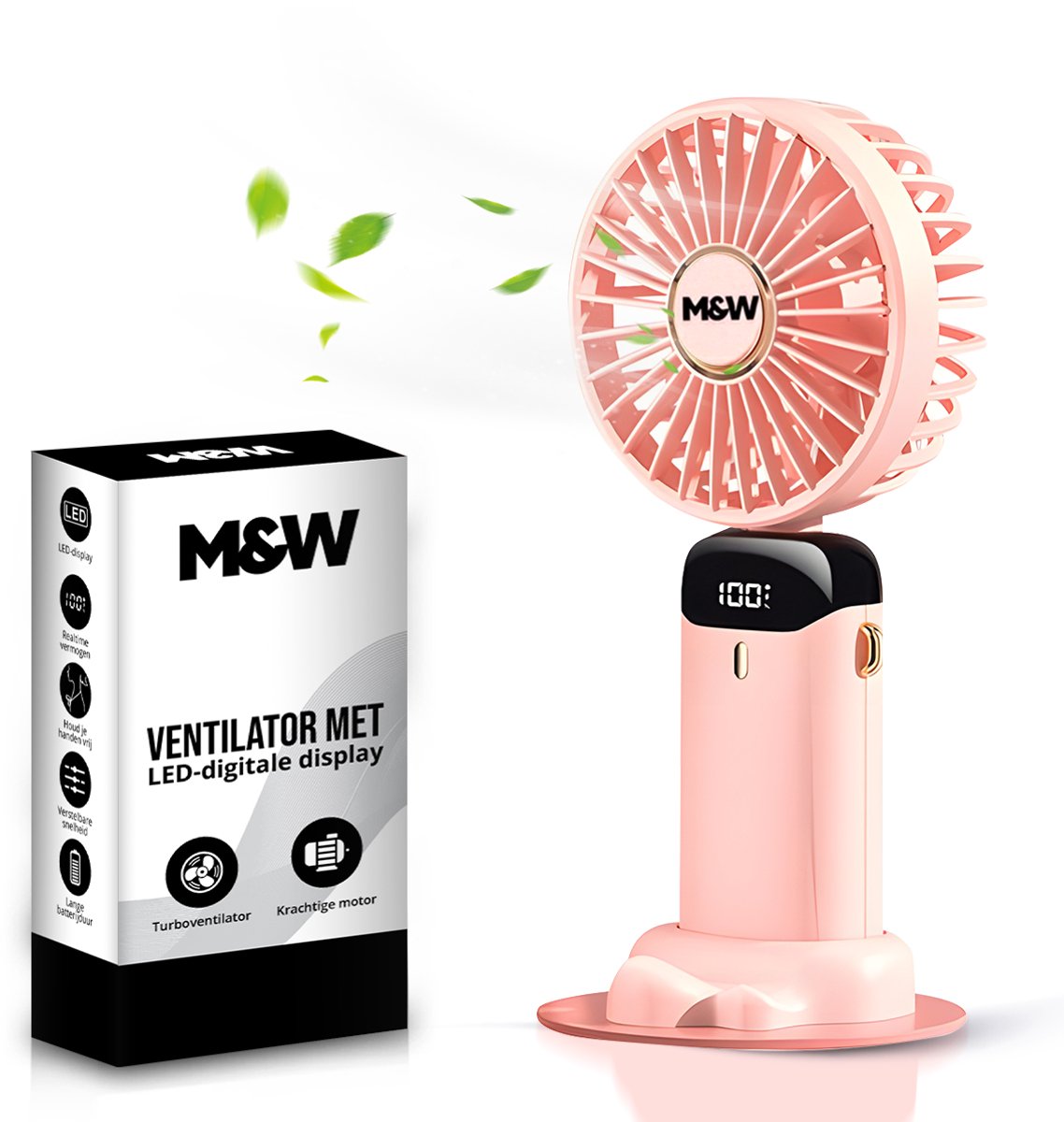 M&W Draagbare Elektrische Hand Ventilator - Mini Hand Fan - Airco Verkoeling - USB Oplaadbare Ventilatoren - Handventilator Roze
