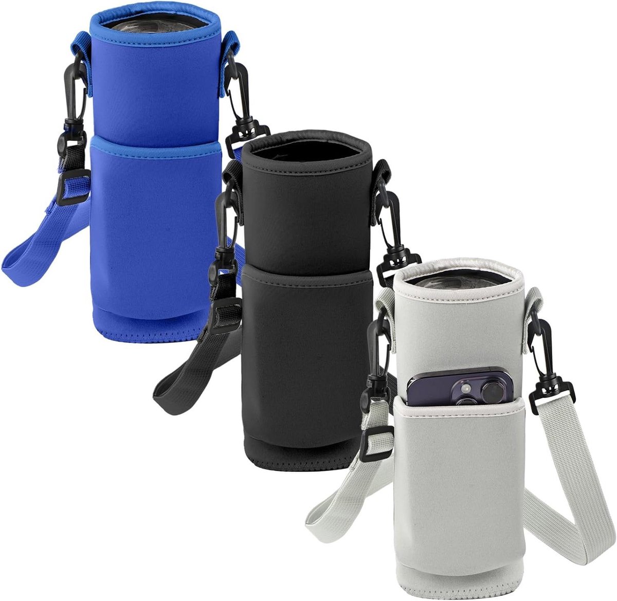 Waterfles Houder - Flesdrager Tas - Outdoor Activiteiten - Met Telefoonvak - 3 Stuks - Zwart
