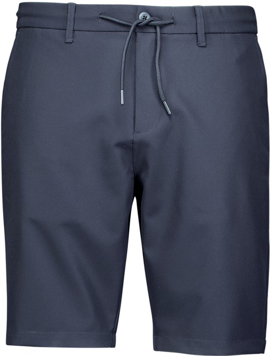 Donkerblauwe chino short met koord en knoopsluiting. Vooraanzicht.
