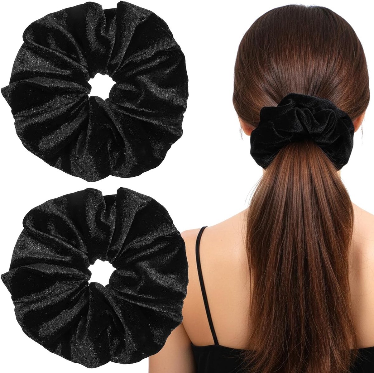 Set van 2 Grote Zachte Scrunchies voor Vrouwen, Zwarte Fluwelen Haarelastieken, Elastische Ponytail Houders voor Dikker en Fijn Haar, Mode Haaraccessoires voor Elke Gelegenheid