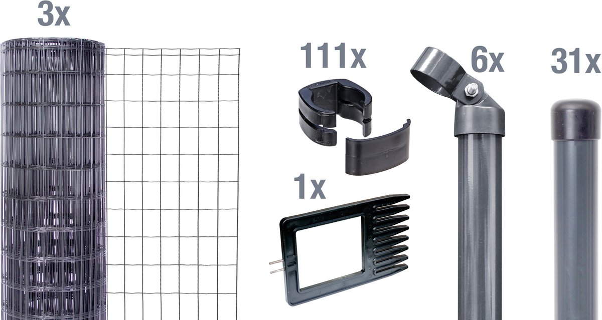 Alberts 693671 Fix-Clip Pro als complete afrasteringsset, voor plaatsing in beton met kniekussen | verschillende lengtes en hoogtes - verkrijgbaar in verschillende kleuren | antraciet | hoogte 153 cm | lengte 25 m