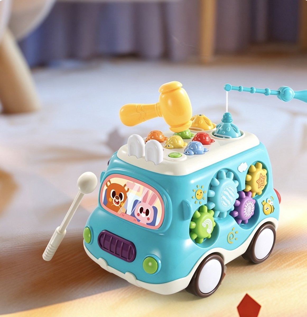 6-in-1 Montessori Speelgoed Bus voor Kinderen – Muzikale Bus met Handpiano, Draaiende Tandwielen, Vissen en Hameren – Vroegspeelgoed voor Peuters – Sensorisch en Motorisch Speelgoed – Cadeau voor Jongens en Meisjes(Blauw)