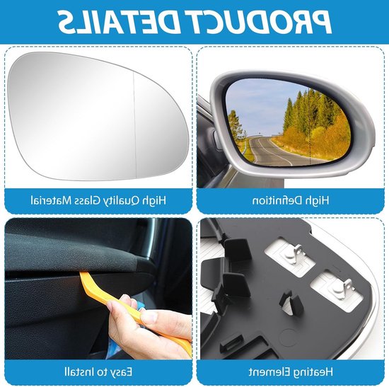 Verwarmde Vervangende Spiegelglas voor VW Golf 5, Passat B6 en Jetta 5 (2006-2010) - Zijspiegel Glas voor Bestuurderszijde, Achteruitkijkspiegel Accessoire van Merkloos — afbeelding 3