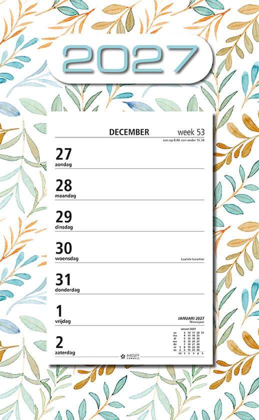 MGPcards - Week Scheurkalender 2027 - Week begint op zondag - 21 x 34 cm - Wit - Bladeren