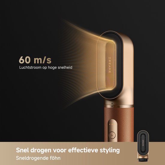 Bout à sèche-cheveux doré avec poignée marron soufflant à 60 m/s de flux d'air à haute vitesse.