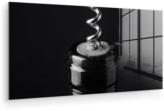 MuchoWow® Glasschilderij 80x40 cm - Schilderij acrylglas - Kurkentrekker - Wijn - Zwart - Wit - Foto op glas - Muurdecoratie woonkamer - Wanddecoratie slaapkamer - Schilderijen