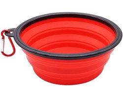 Opvouwbare drinkbak - Hondenbak - Draagbare voerbak - 450ml - 13 cm diameter - Huisdieren onderweg voeren - Draagbaar waterbakje - Reiskom - Siliconen - Rood - Met karabijnhaak - Jonyx