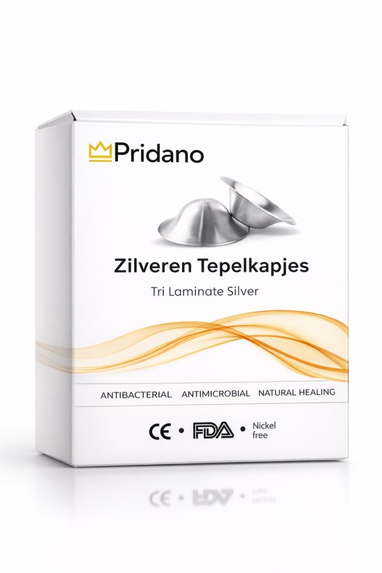 Pridano zilveren tepelkapjes, zilverkleurig, met 'Zilveren Tepelkapjes' en 'Tri Laminate Silver' op de verpakking.