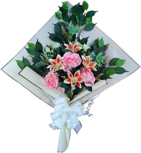 Begraafplaats Boeket - Kunstbloemen Grafstuk - Graf Decoratie - Rozen en Lelies - 73 x 63 x 20 cm - Roze