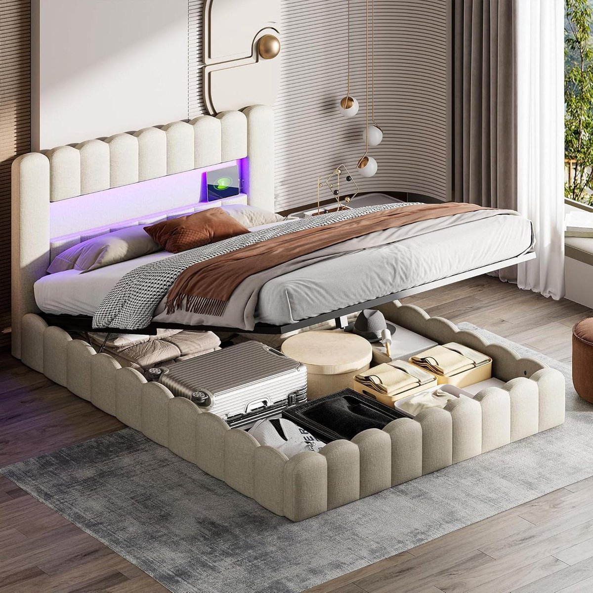 Tweepersoonsbed Boxspring 180x200 met Opbergruimte en LED Verlichting