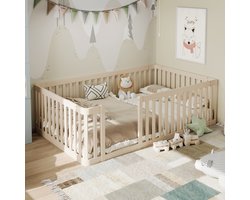 MODFU Montessori Vloerbed 90×200 cm – Houten peuterbed met halfopen hek – Massief grenenhout – Zonder lattenbodem (matras op vloer) – Veilig & zelfstandig – Crème