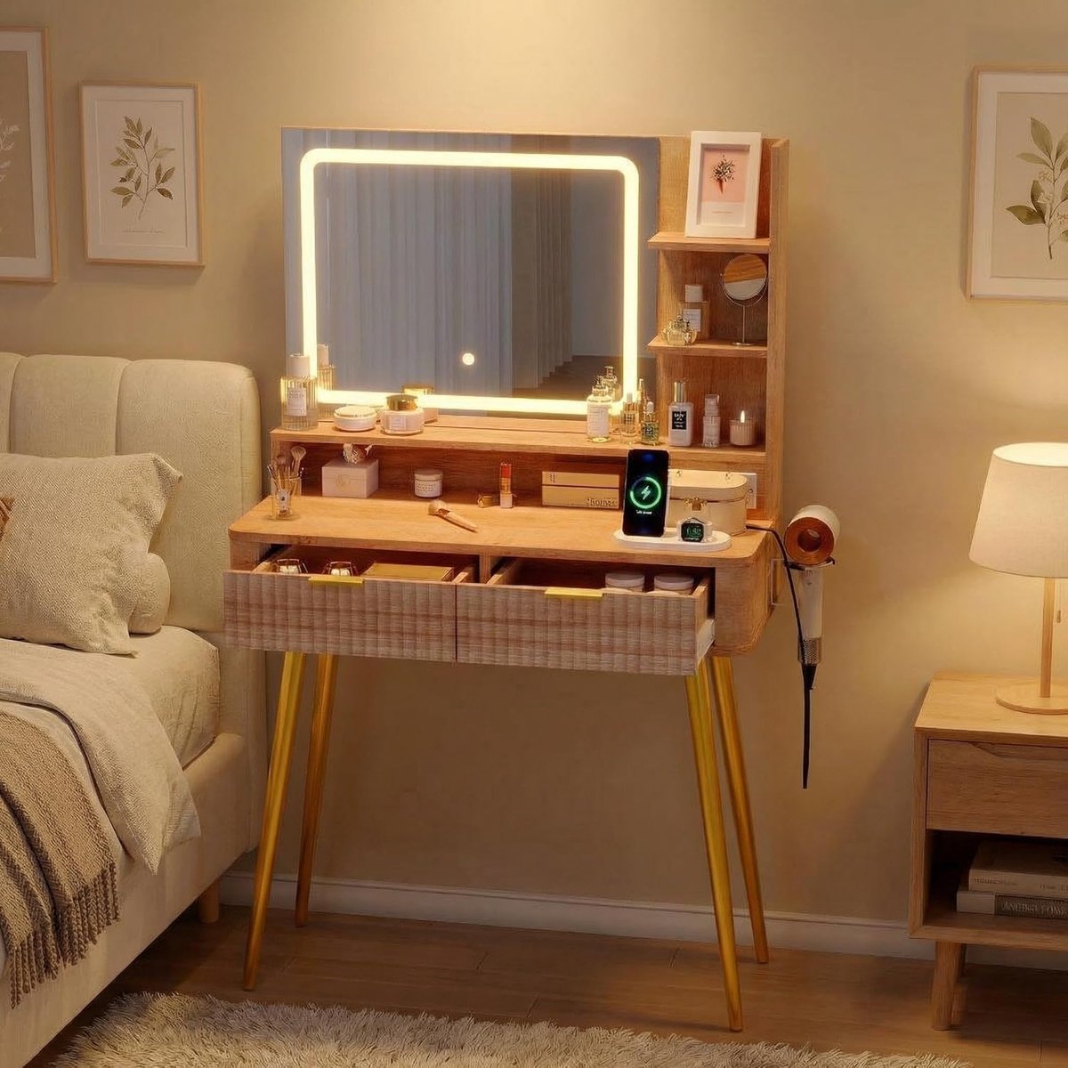 Make-up Tafel met Verstelbare LED Spiegel & Stopcontacten - Kaptafel met 2 Lades en 3 Open Vakken - Naturel - Voor Slaapkamer