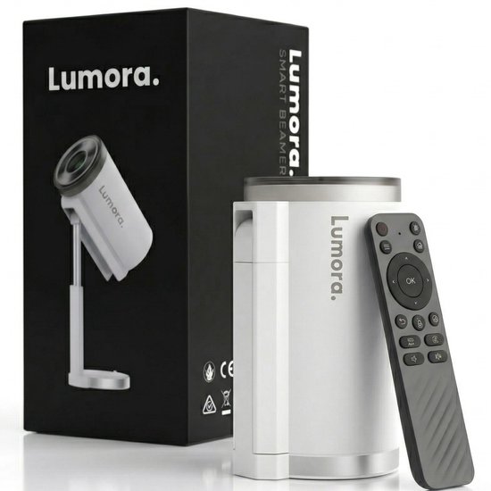 Lumora® Pro Mini Beamer 2026 – Alles-in-één Smart TV Projector – 4K Ultra HD – Android 13 – WiFi 6 & Bluetooth 5.4 – Voor iOS & Android – Inclusief in hoogte verstelbare standaard – Wit