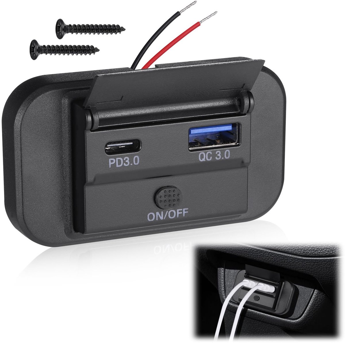Vt products - Dual USB autolader - USB C oplaadaansluiting - Schakelaar voor eenvoudig gebruik - 12V/24V stopcontact - QC3.0 laadaansluiting - Geschik