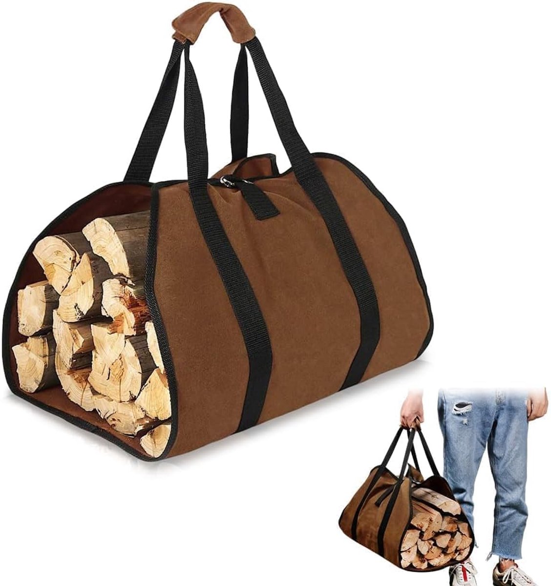 Grote capaciteit canvas brandhout tas - waterdichte draagtas voor open haard - met robuuste antislip handvatten voor houtkachels en kamperen
