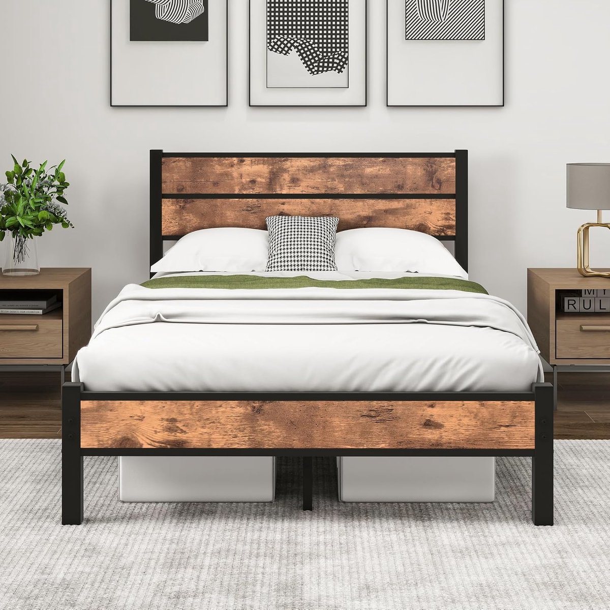 Metal Bed Frame - Slatted Frame - Wooden Headboard - Footboard - Heavy Duty Platform - 120 x 200 cm - Zwart - Bruin