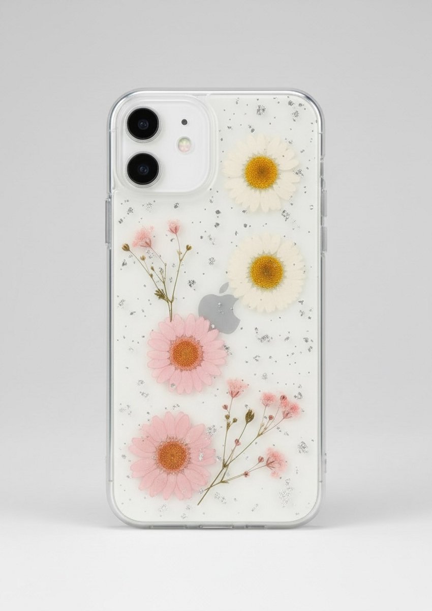 Iphone 14 telefoonhoesje met gedroogde bloemen margriet