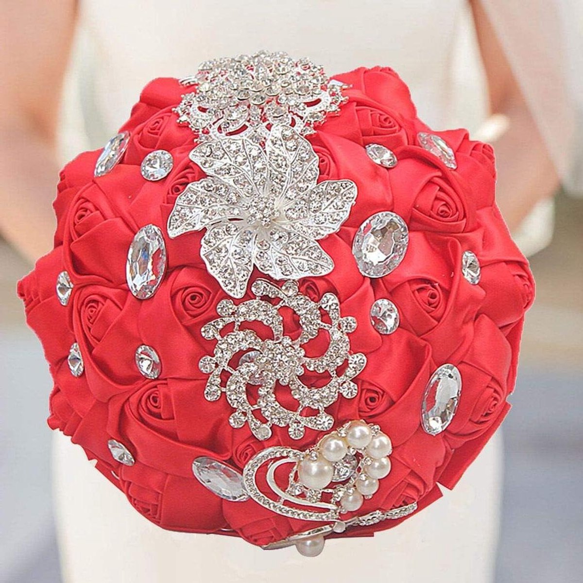 Bruidsboeket - Bruidsmeisje Boeket - Bruiloft Decoratie - Handgemaakte Kristal - Diameter 18 cm - Rood