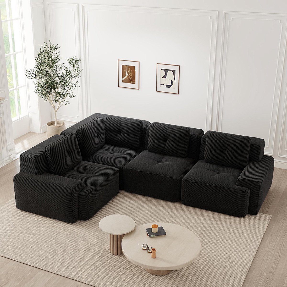 BLACKCOLORS Frame-loze bank voor de woonkamer, Kantoorbank, Combineerbare modulaire bank, Diepe, comfortabele en gestoffeerde bank van corduroy, Geen montage nodig, Antislipontwerp, Zwart